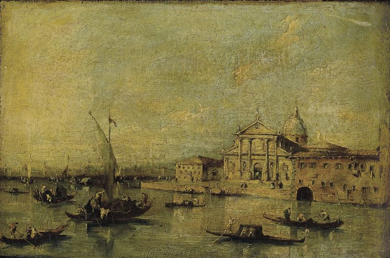 Rococo oil painting by Workshop of Francesco Guardi depicting a serene marine landscape