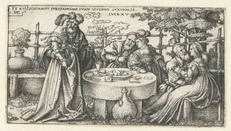 Gravura de Hans Sebald Beham mostrando um jovem entre riqueza e perda.