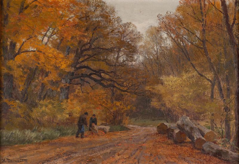 Pintura al óleo de Hugo Darnaut que representa un paisaje tranquilo con un pueblo y colinas.