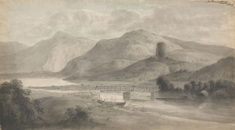 Watercolor by Isaac Weld of Dolbadarn Castle amidst rugged mountains.