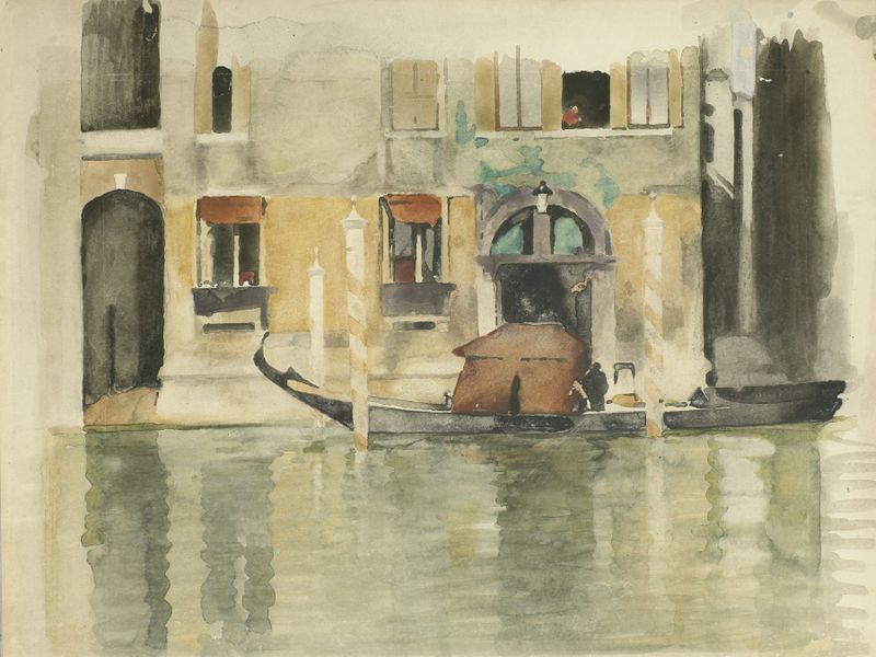 Gôndola descansando contra uma casa veneziana, óleo sobre tela de Willem Witsen