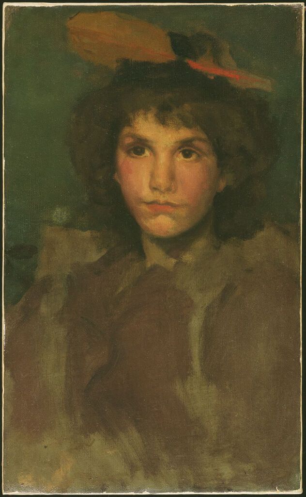 Violet and Blue: The Red Feather, óleo sobre lienzo de James Abbott McNeill Whistler con una figura y una pluma roja.