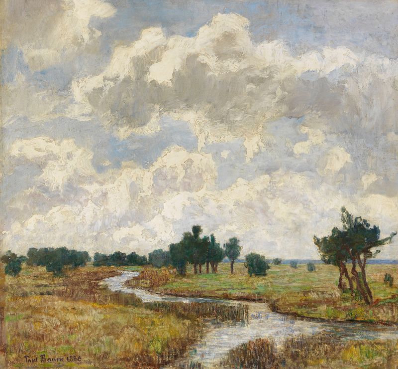Landscape oil painting by Paul Baum featuring a brook and clouds