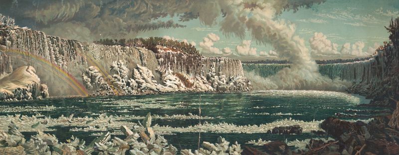 Niagara Falls in winter de Peter Cauierair, pintura al óleo que representa un paisaje helado.