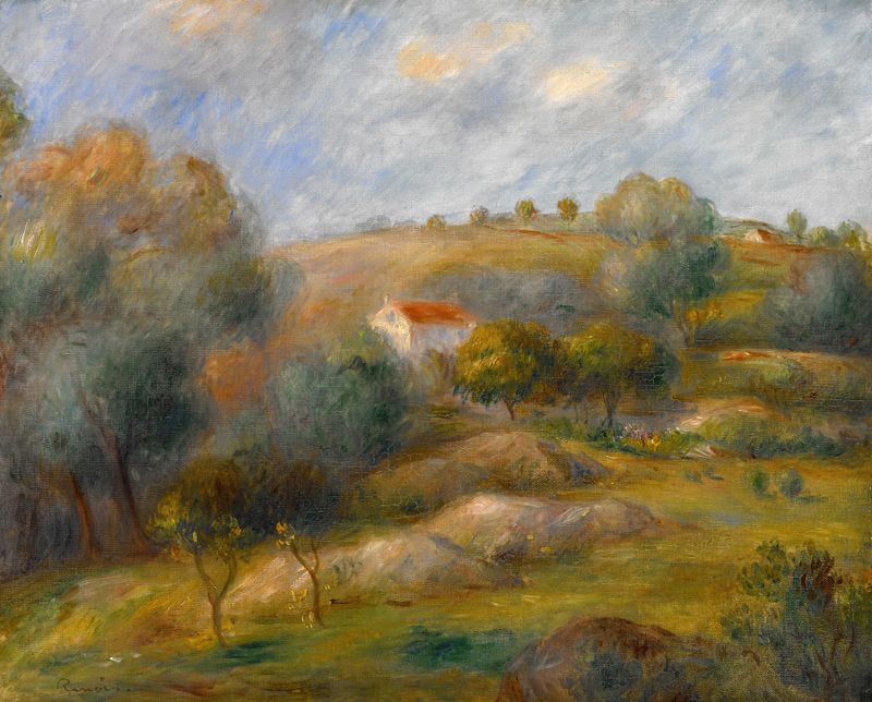Primavera en Essoyes de Pierre-Auguste Renoir, óleo que muestra un paisaje vibrante con flores.