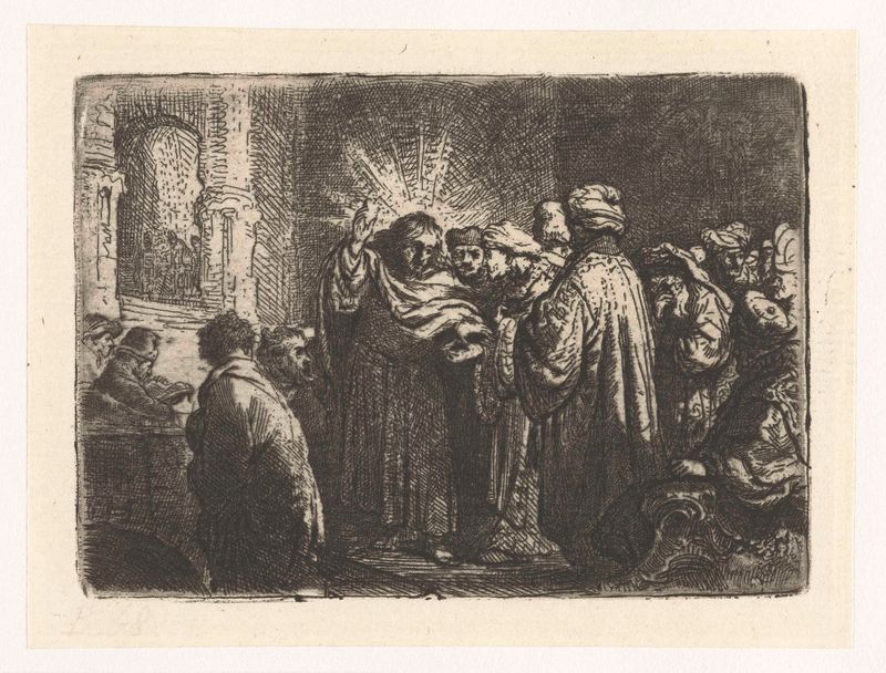 O tributo do dinheiro, gravura de Rembrandt van Rijn, com figuras na luz dourada.