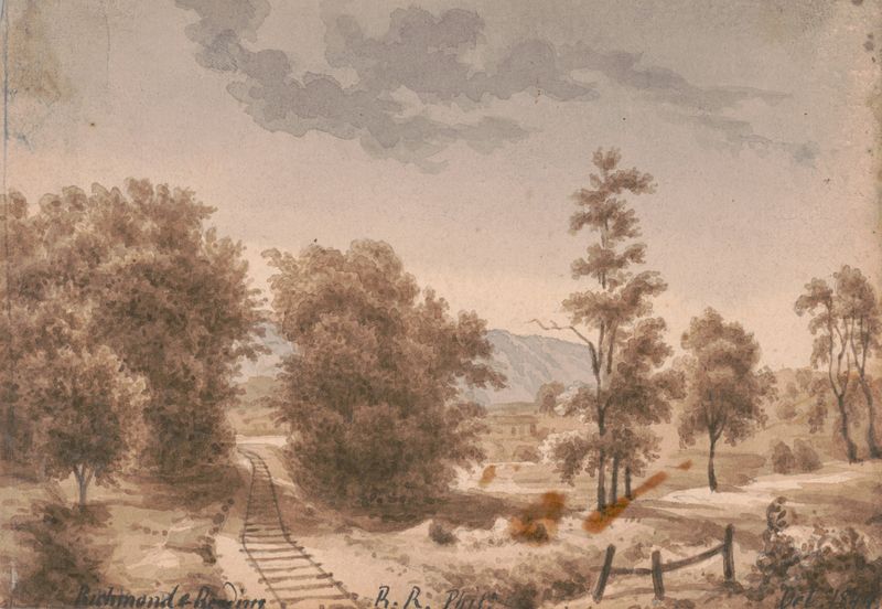 Richmond & Reading R.R. oil painting by Augustus Köllner depicting trains and a blue sky.