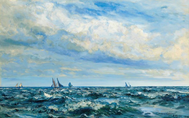 Escena marina con figuras fluidas y tonos vibrantes de Henry Moore, pintura al óleo