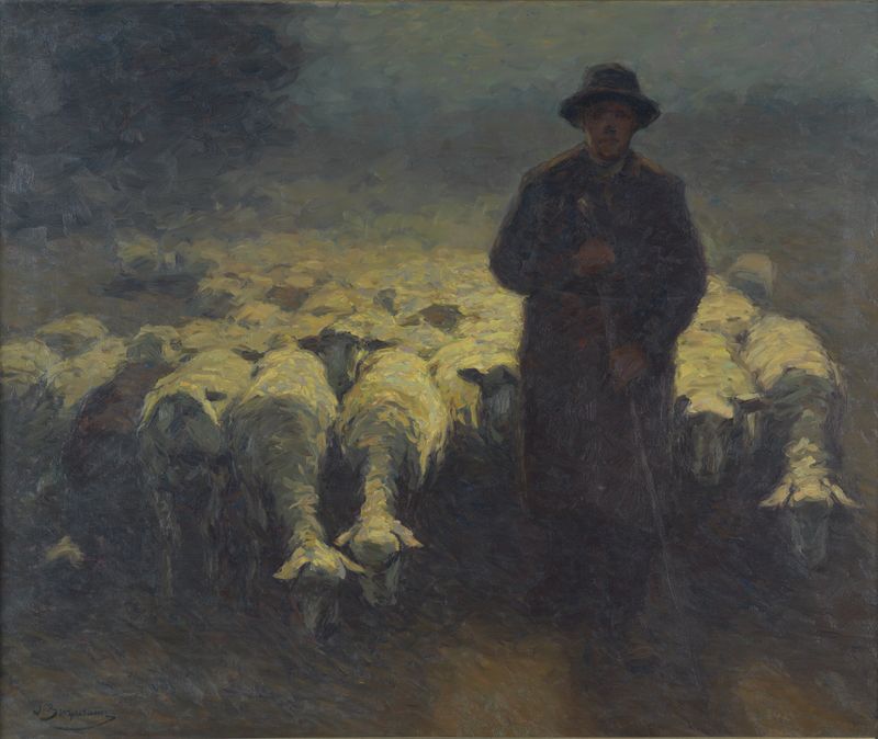 Paisagem com ovelhas sob a luz da lua, pintura a óleo de Julius Hugo Bergmann
