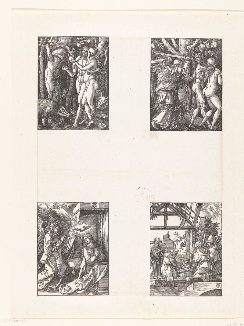 Zondeval etching by Albrecht Dürer depicting Adam and Eve expelled from paradise