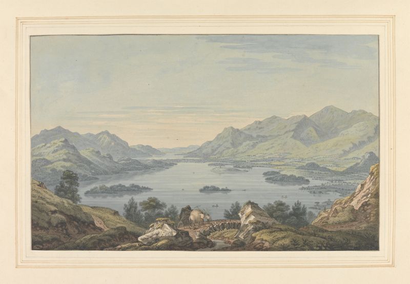 Oil painting by Joseph Farington depicting hills and Derwent Water