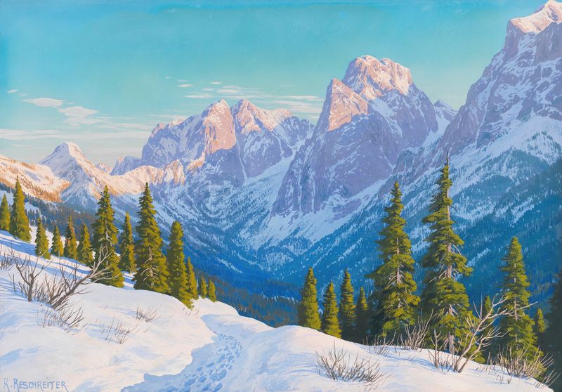 Blick auf das Kaisertal de Rudolf Reschreiter, óleo sobre lienzo que representa montañas y un cielo sereno.