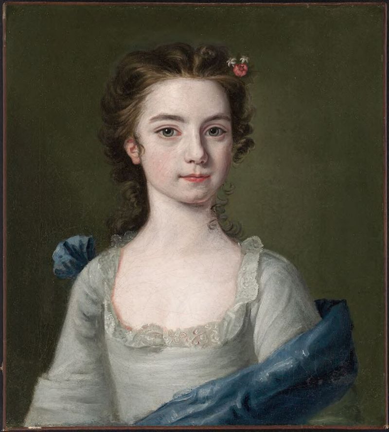 Retrato de uma menina com traços delicados, óleo sobre tela de um artista não identificado