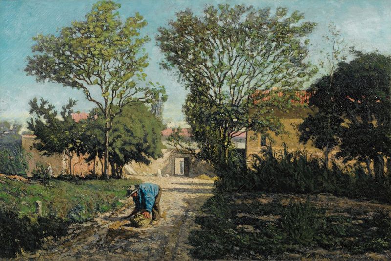 Landscape featuring a village with golden light, oil painting by Paul-Camille Guigou