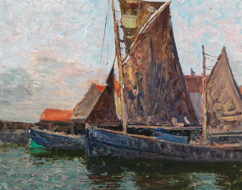 Sail Boats de Alfred Zoff, pintura a óleo impressionista de veleiros na água.