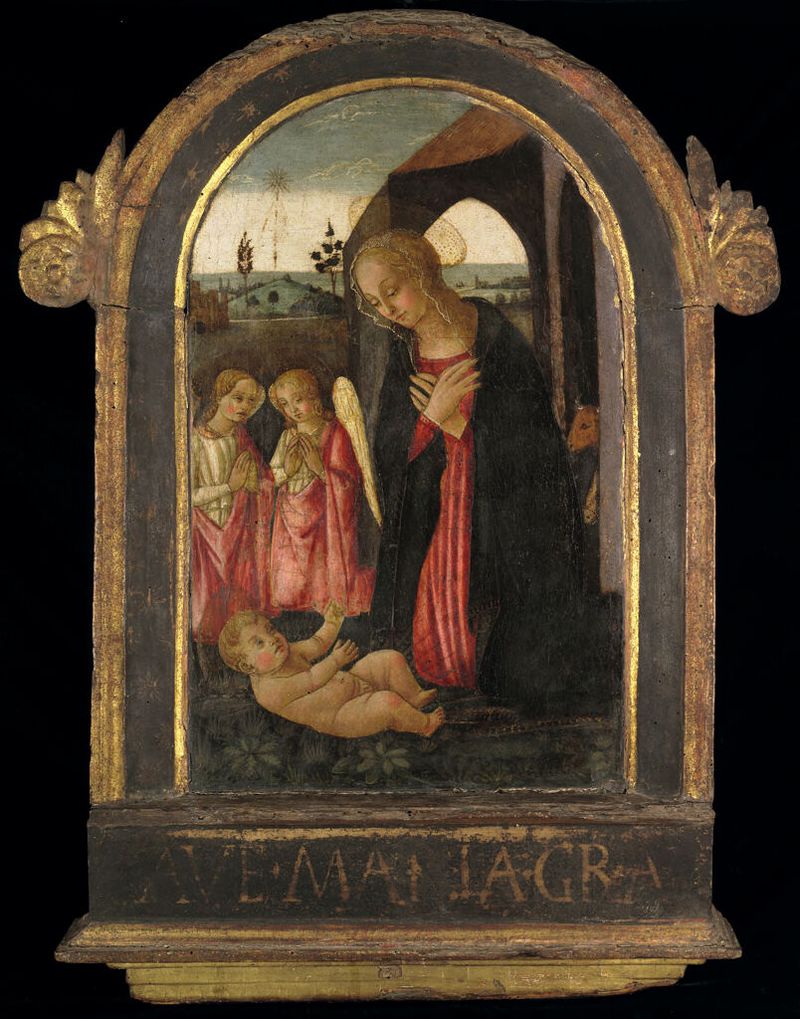 A Virgem Adorando o Menino com Dois Anjos, óleo sobre papel de Bernardo Rosselli