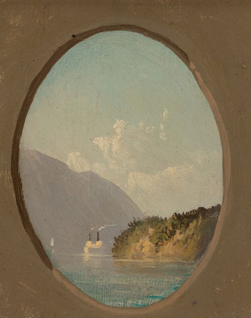On the Hudson oil painting by John Williamson depicting a tranquil river at sunrise