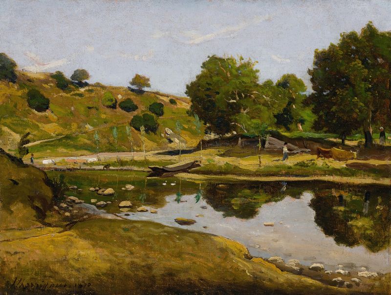 Paisagem com colinas onduladas e luz dourada de Henri-Joseph Harpignies, pintura a óleo