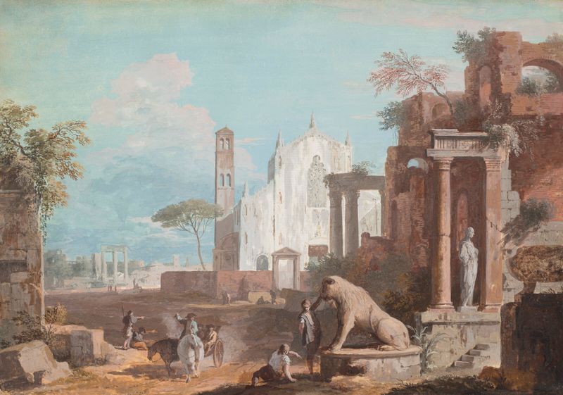 Pintura a óleo de Marco Ricci mostrando ruínas e uma igreja gótica em uma paisagem.
