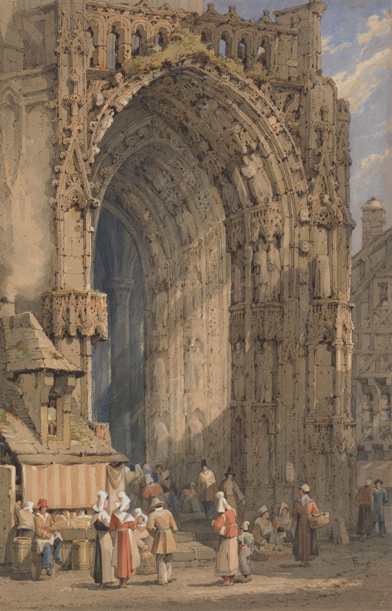 The Porch, Reims Cathedral by Samuel Prout, oil painting depicting gothic architecture.