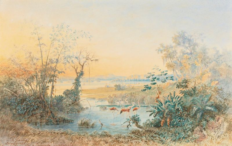 Lago De Valencia, Venezuela de Christian Anton Goering, óleo sobre lienzo que representa un lago sereno y colinas suaves.