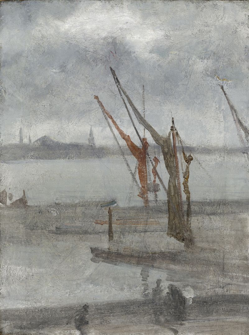 Grey and Silver – Chelsea Wharf, óleo sobre tela de James Abbott McNeill Whistler, retratando uma paisagem urbana tranquila.
