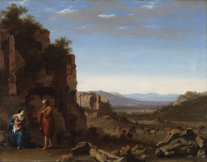 The Rest on The Flight into Egypt, oil on canvas by Cornelis van Poelenburch, featuring the Holy Family under a tree.