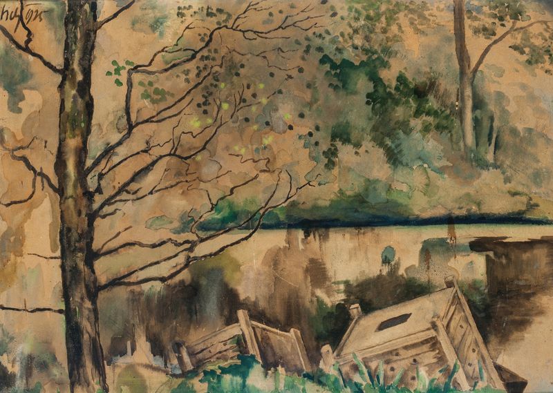 Pond in Poturzyca, oil on canvas by Kazimierz Sichulski, depicting a tranquil twilight landscape.