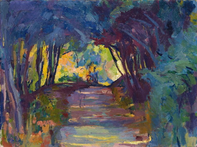 Forest Track by Giovanni Giacometti, oil painting depicting a forest path with dappled sunlight.
