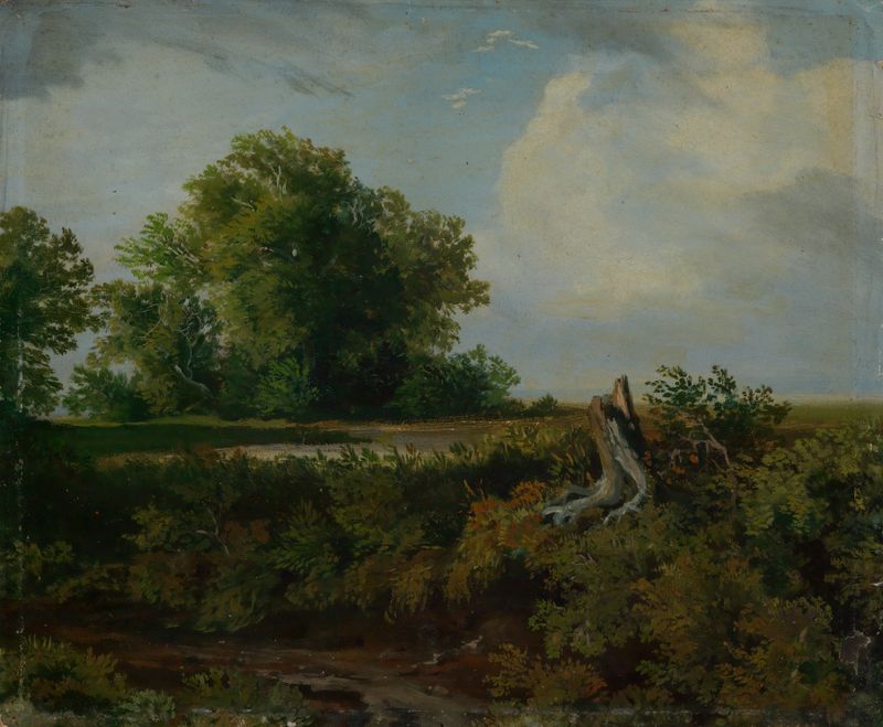 Oil painting by Emil Lugo depicting a stump in a forest