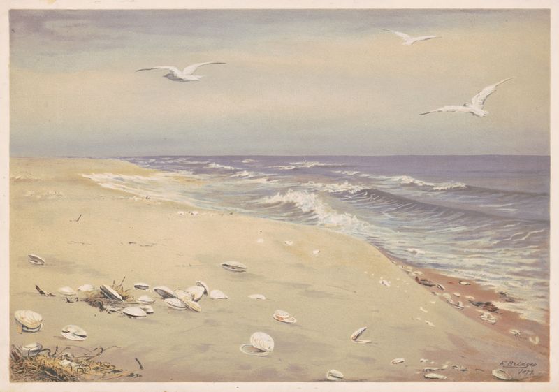 On the Beach by Fidelia Bridges, watercolor on paper depicting gentle waves and a tranquil shore.