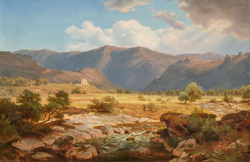 Voralpenlandschaft mit einer Kapelle und Hirtenstaffage by Albert Zimmermann, oil painting depicting a serene landscape.
