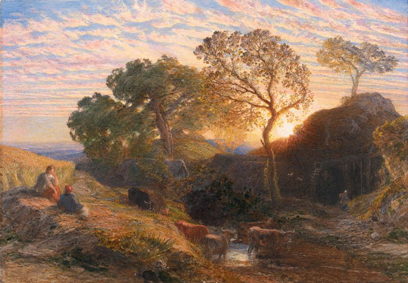 Sunset de Samuel Palmer, pintura al óleo que muestra un paisaje vibrante con colores dramáticos.