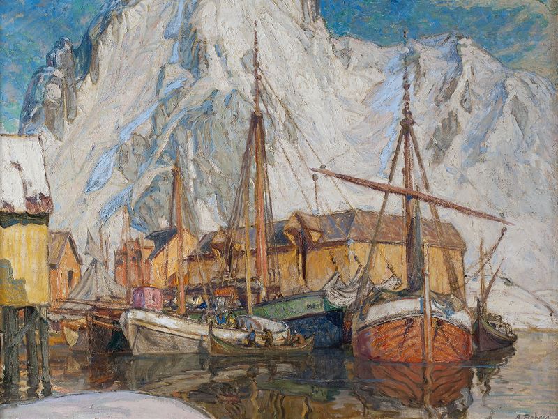 Marine scene of The Harbour at Svolvaer, Lofoten by Anna Boberg, oil on canvas