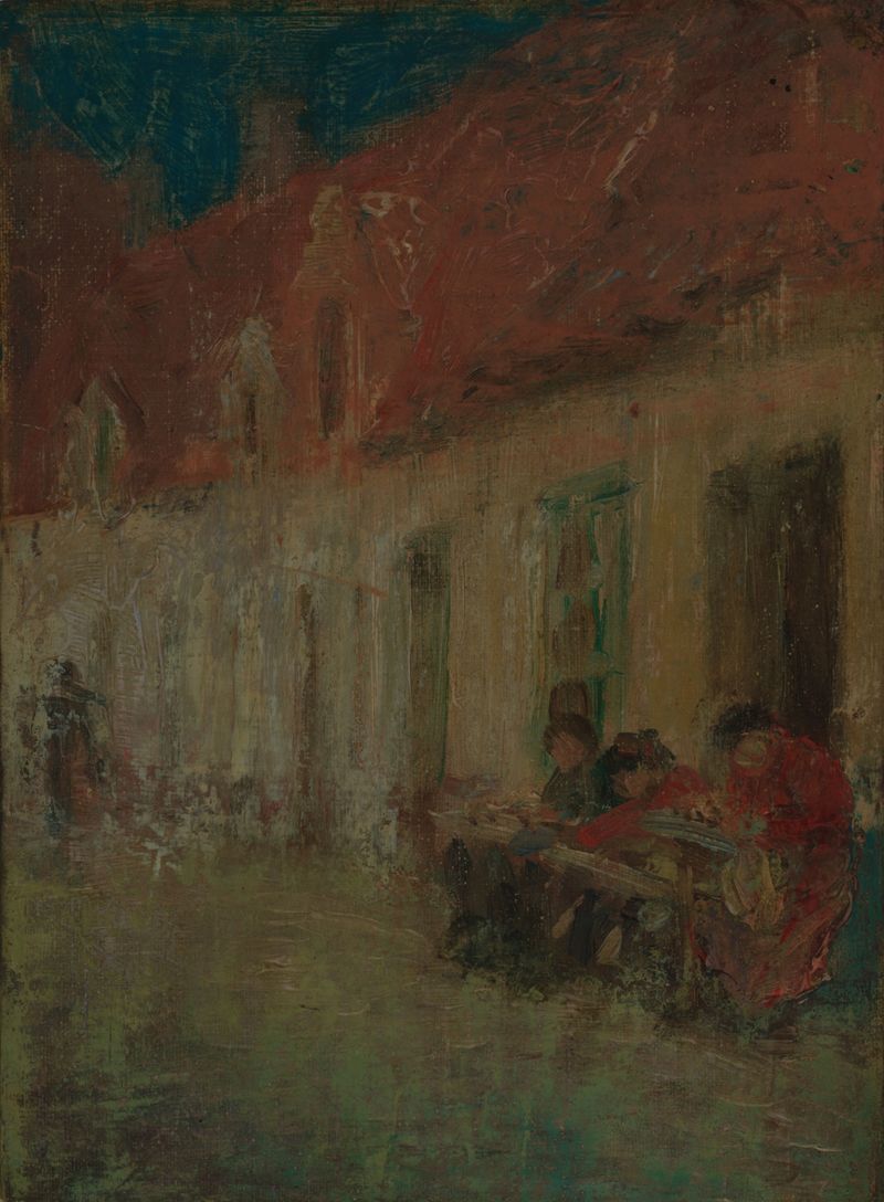 Lace Makers, Bruges de Harriet Blackstone, óleo sobre lienzo que muestra a artesanos creando encaje.