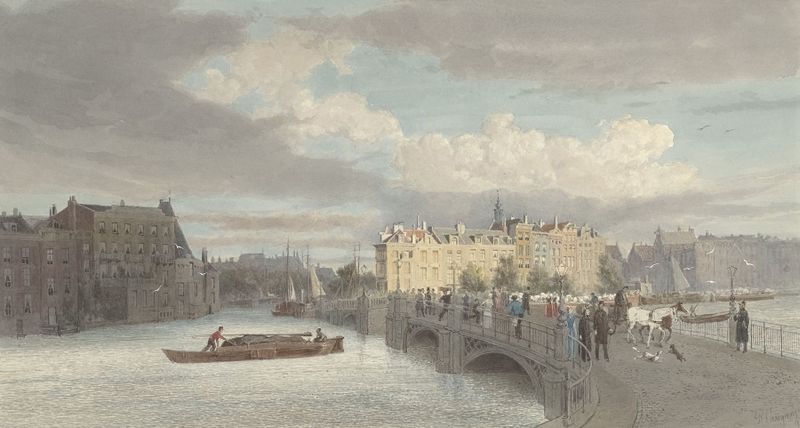 Gezicht op de Halvemaansbrug bij de Amstel te Amsterdam, oil on canvas by Reinier Craeyvanger