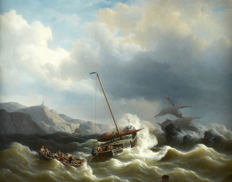 The Rescue Party by Petrus Johannes Schotel, oil on canvas, shows a boat battling stormy waves.