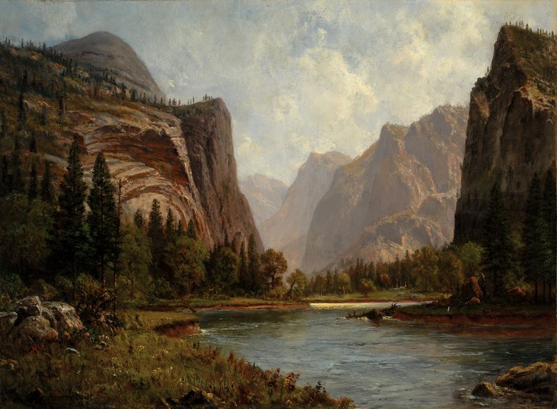 Gates of the Yosemite, óleo sobre tela de Albert Bierstadt, apresentando penhascos e luz dourada.