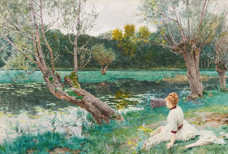 Pintura figurativa a óleo de Louis Emile Adan com uma menina à beira da água.