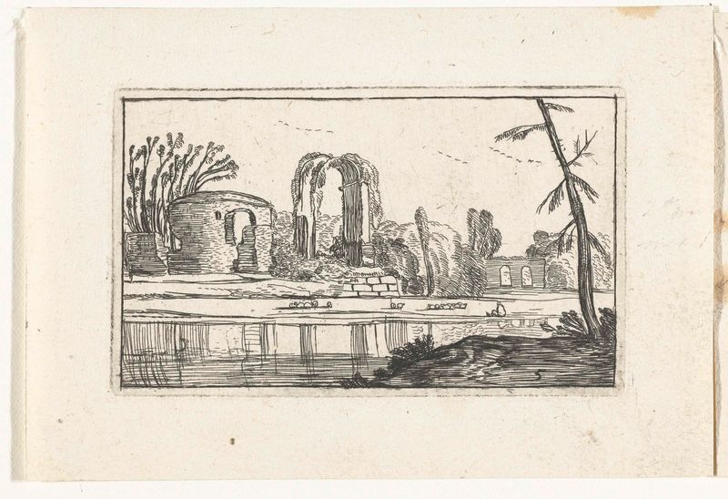 Antieke ruïnes bij een rivier, grabado de un artista desconocido