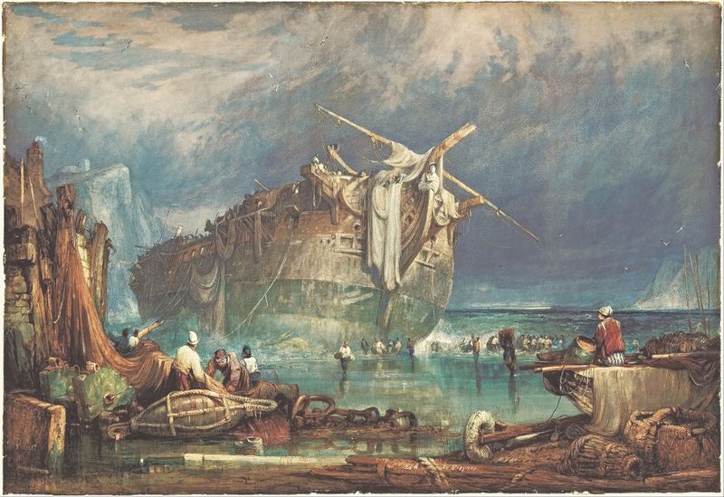 Salving from the Wreck, pintura al óleo de Samuel Prout que representa figuras salvando un naufragio.