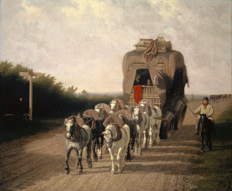 The Ludlow Carrier-Coach de Jacques-Laurent Agasse, óleo sobre lienzo que muestra una escena histórica detallada.