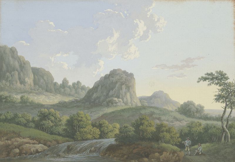 Landscape with a high rock and two men resting by a stream, by Karl Franz Kraul