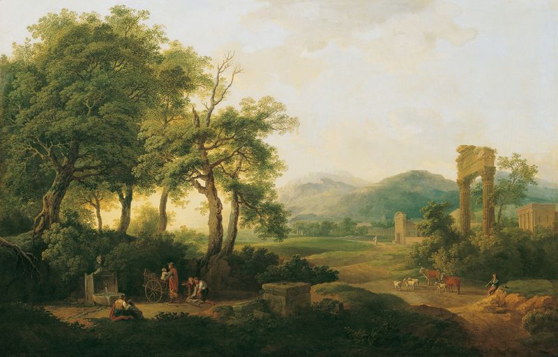 Arkadische Landschaft de Carl Philipp Schallhas, óleo sobre tela mostrando colinas e um céu vibrante