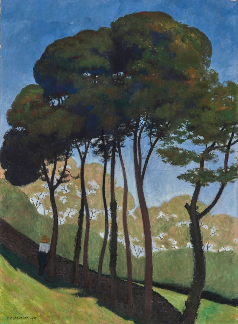 Les Grands Arbres, oil on canvas by Félix Vallotton, featuring towering trees and a muted sky.