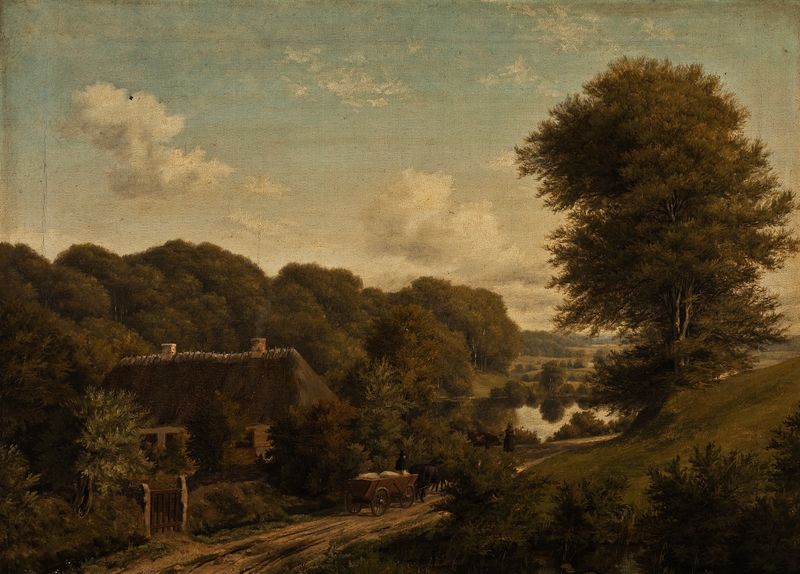 Danish Landscape de August Wilhelm Boesen, pintura al óleo que muestra colinas serenas y un cielo al atardecer.