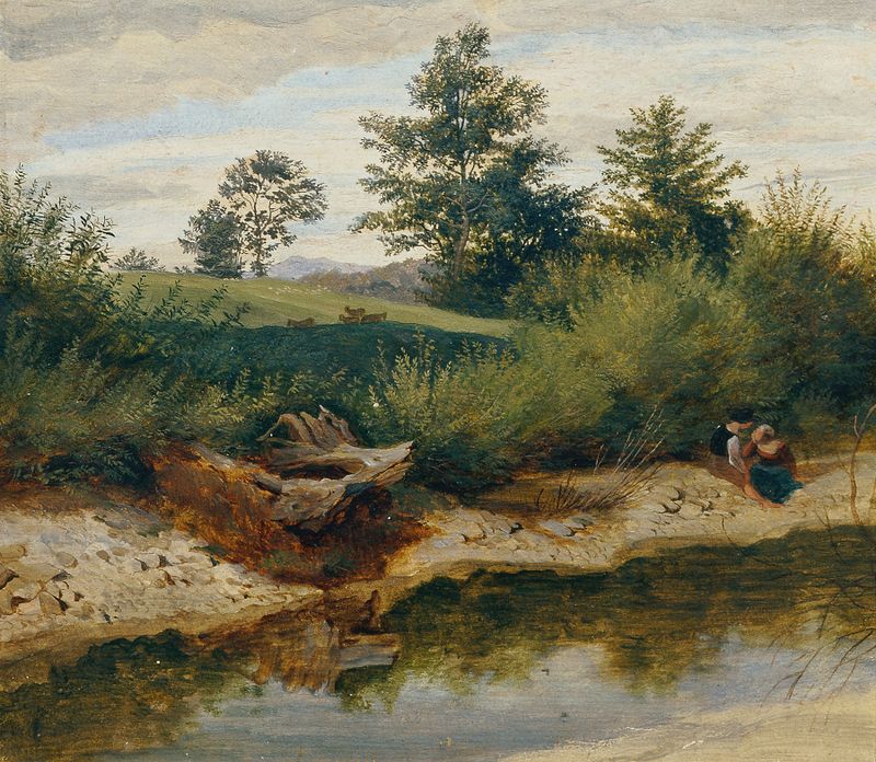 Bachlandschaft by Friedrich Philipp Reinhold, oil on canvas depicting a serene stream and lush greenery.