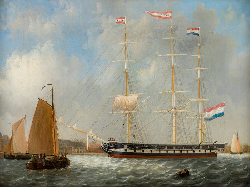 Pintura marinha a óleo de Frans Jacobus van den Blijk mostrando o navio Bato com luz em seu casco.