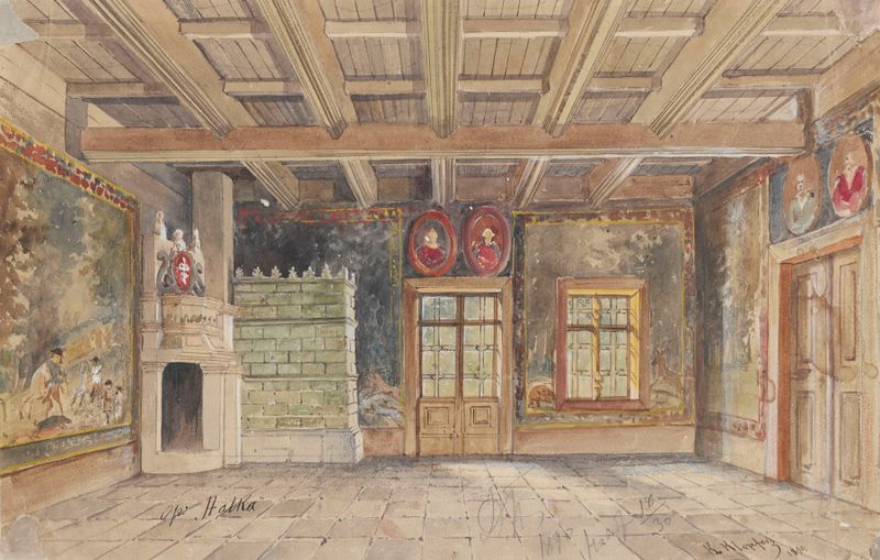 Ornamentation for the Halka opera by Karol Klopfer, decorative art with swirling patterns and gold accents