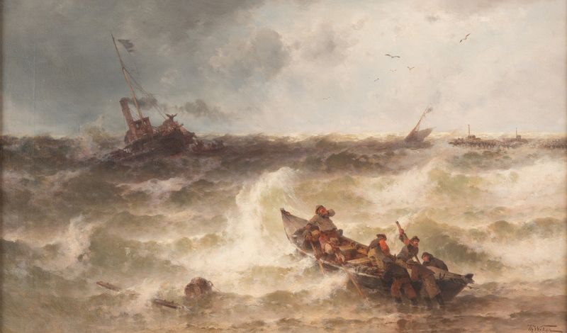 Oil on canvas by Theodor Alexander Weber depicting a shipwreck by the pier during a storm